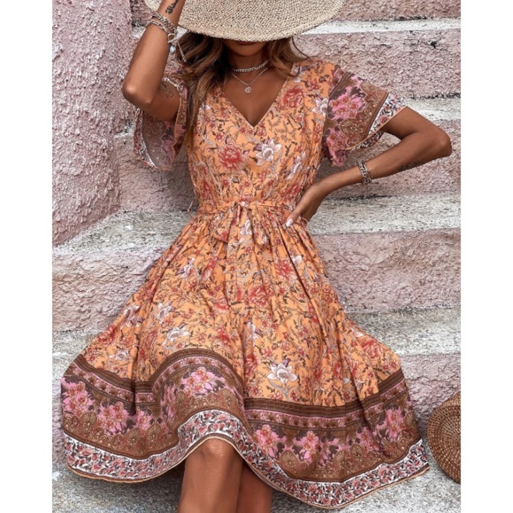 Boho Orange Floral Print Butterfly Sleeve Dress - Picture 2 of 6